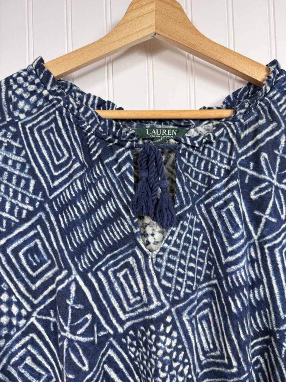 Lauren Ralph Lauren Linen Blend Tie Neck Flutter Sleeve Top Sz 1X Blue White - Picture 3 of 7